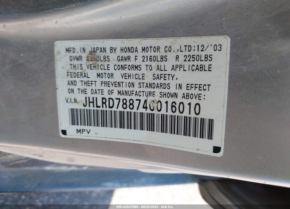 2004 HONDA CR-V EX VIN: JHLRD78874C016010