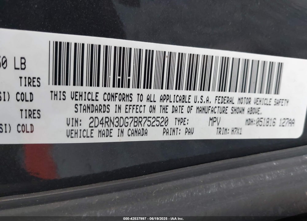 2011 DODGE GRAND CARAVAN MAINSTREET VIN: 2D4RN3DG7BR752520