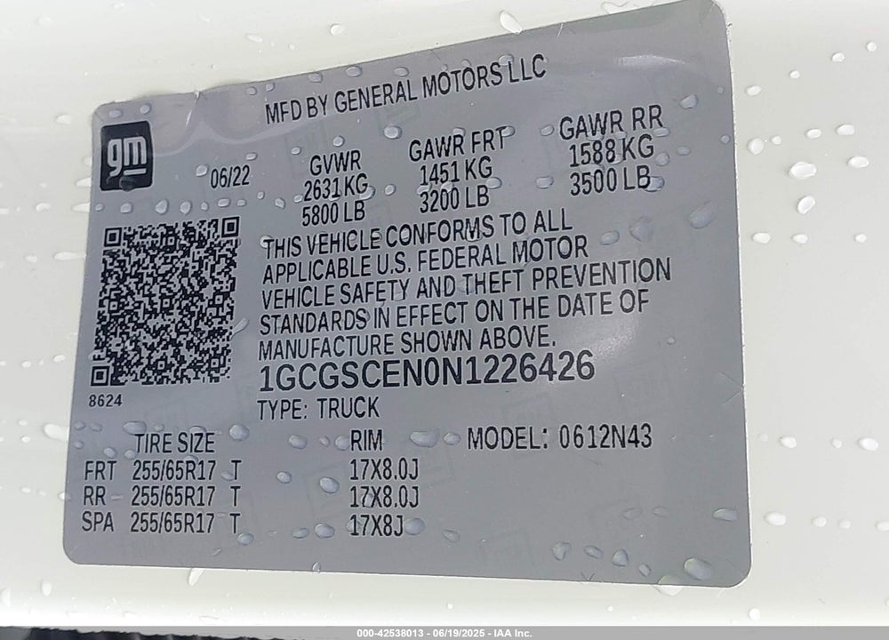 2022 CHEVROLET COLORADO VIN: 1GCGSCEN0N1226426