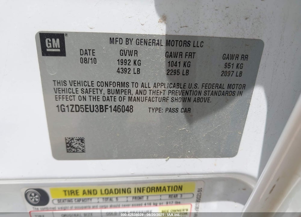 2011 CHEVROLET MALIBU VIN: 1G1ZD5EU3BF146048