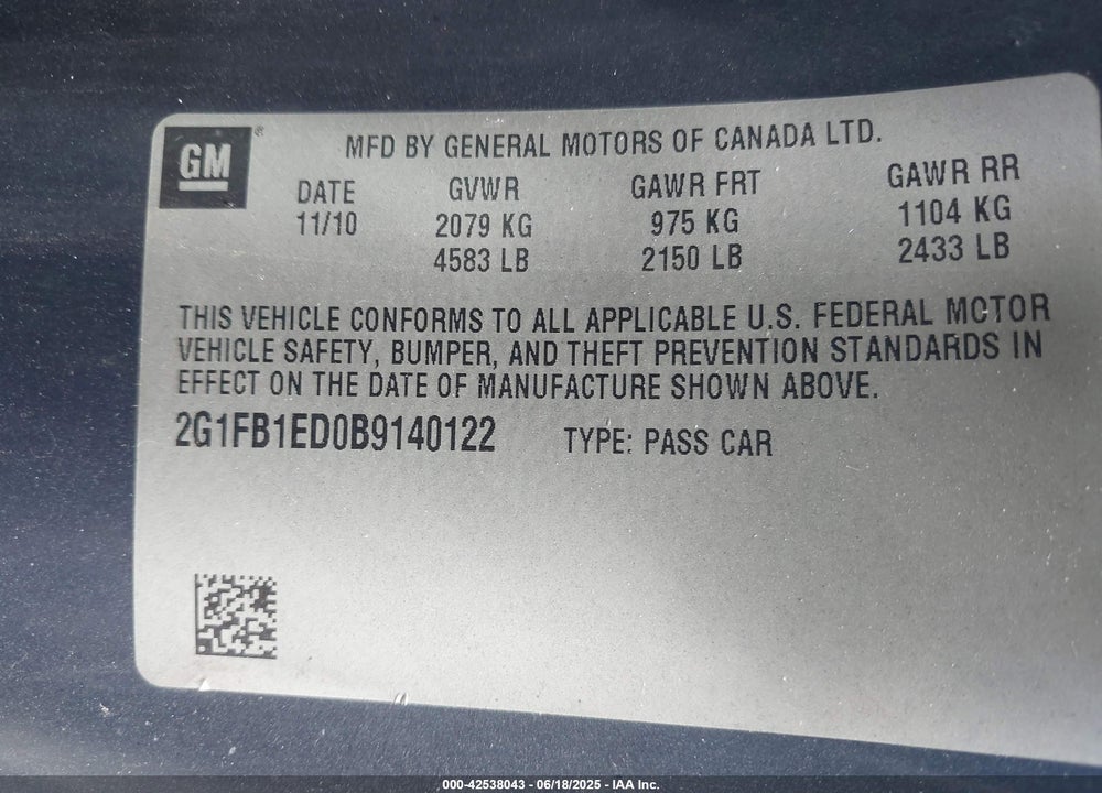 2011 CHEVROLET CAMARO 1LT VIN: 2G1FB1ED0B9140122