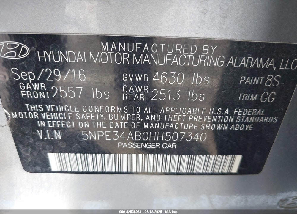 2017 HYUNDAI SONATA VIN: 5NPE34AB0HH507340