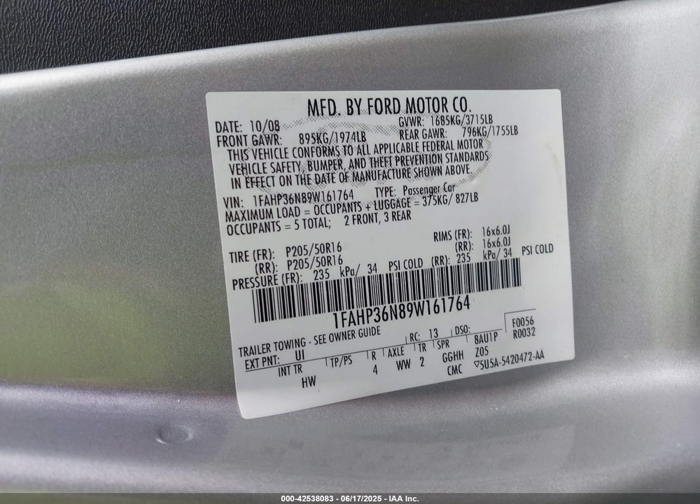 2009 FORD FOCUS VIN: 1FAHP36N89W161764