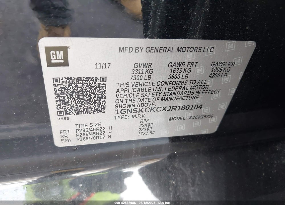 2018 CHEVROLET TAHOE VIN: 1GNSKCKCXJR180104