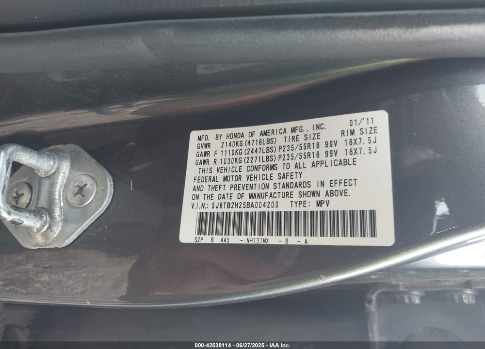 2011 ACURA RDX VIN: 5J8TB2H25BA004200