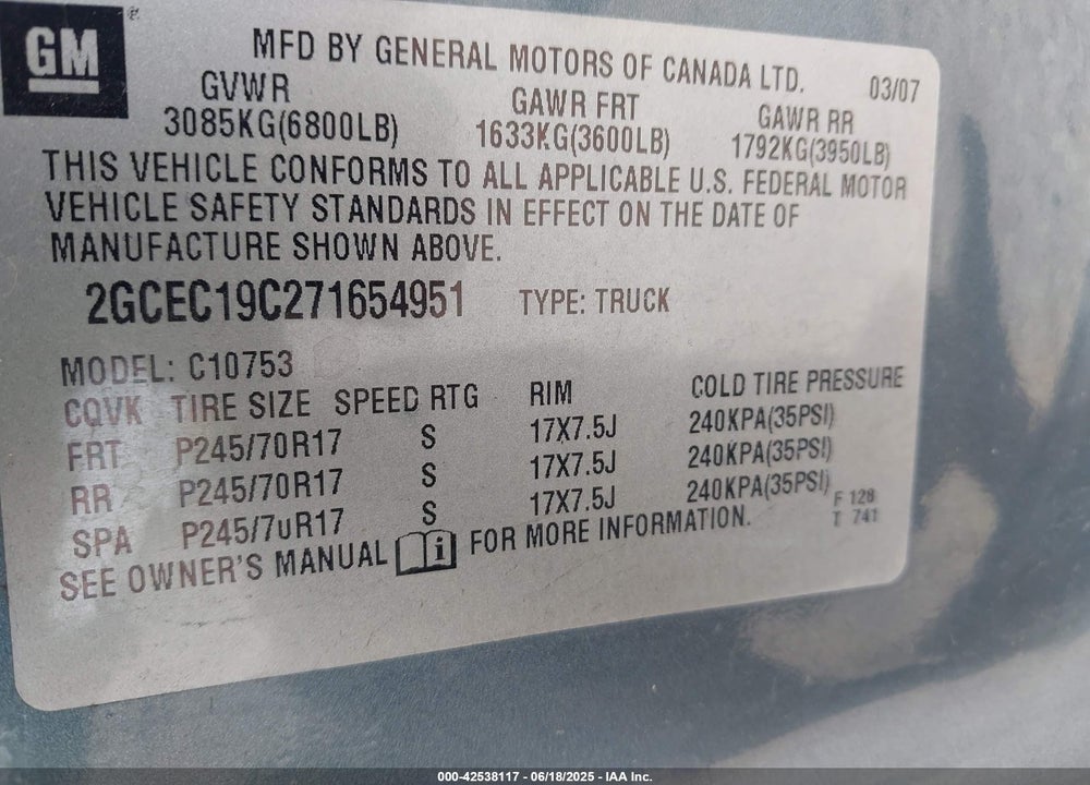2007 CHEVROLET SILVERADO 1500 LT1 VIN: 2GCEC19C271654951