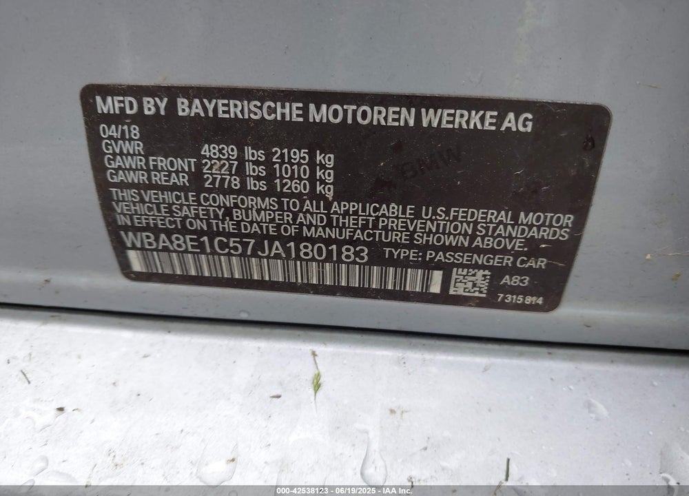 2018 BMW 330E IPERFORMANCE VIN: WBA8E1C57JA180183