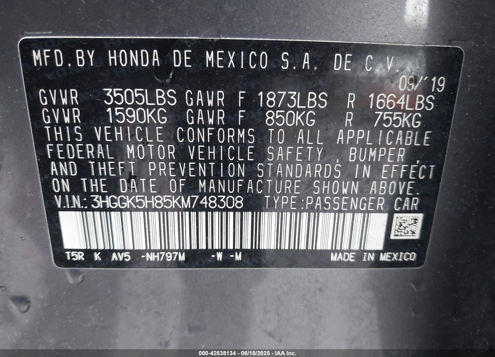 2019 HONDA FIT VIN: 3HGGK5H85KM748308