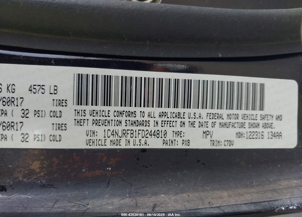 2015 JEEP PATRIOT LATITUDE VIN: 1C4NJRFB1FD244810