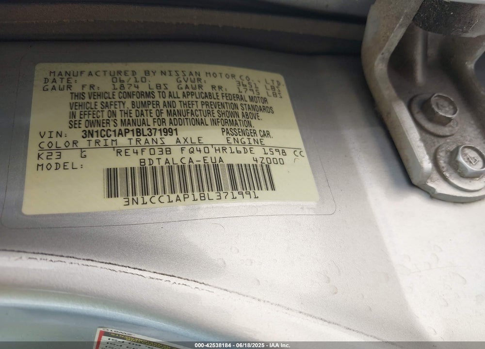 2011 NISSAN VERSA VIN: 3N1CC1AP1BL371991