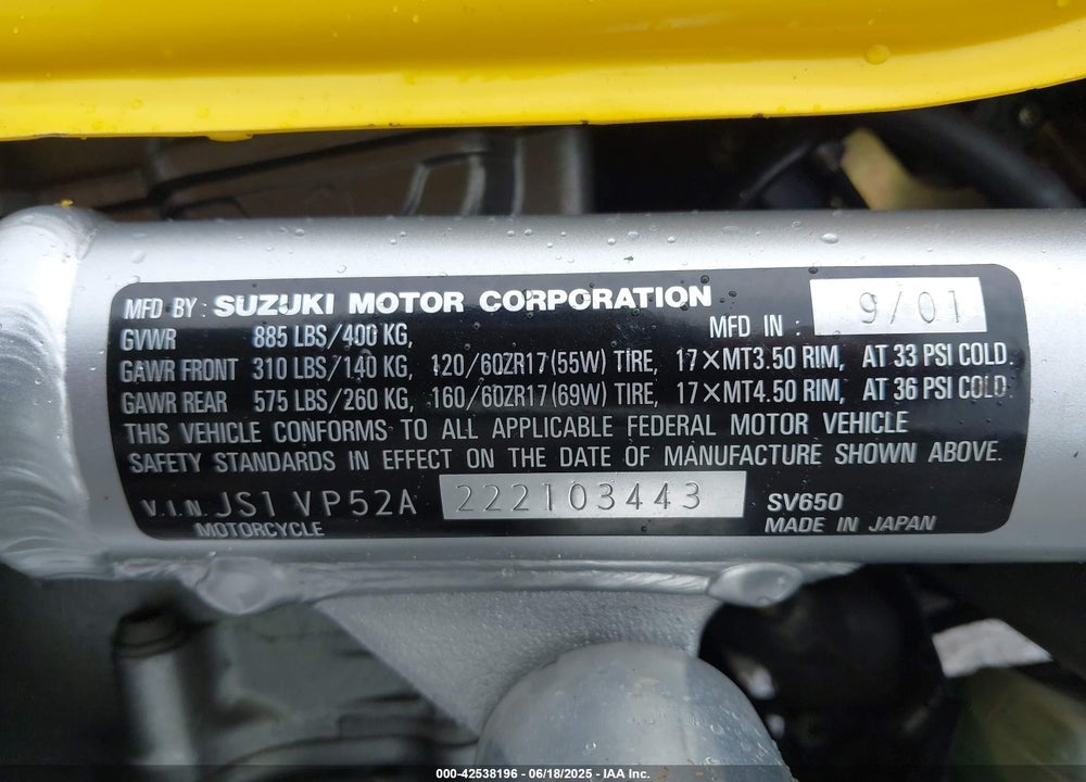 2002 SUZUKI SV650 S VIN: JS1VP52A222103443