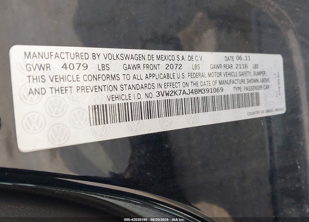 2011 VOLKSWAGEN JETTA 2.0L BASE/2.0L S VIN: 3VW2K7AJ4BM391069