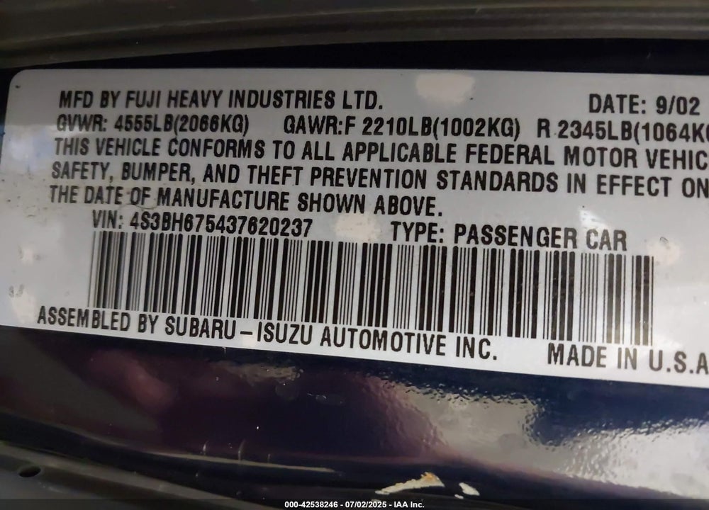 2003 SUBARU OUTBACK VIN: 4S3BH675437620237