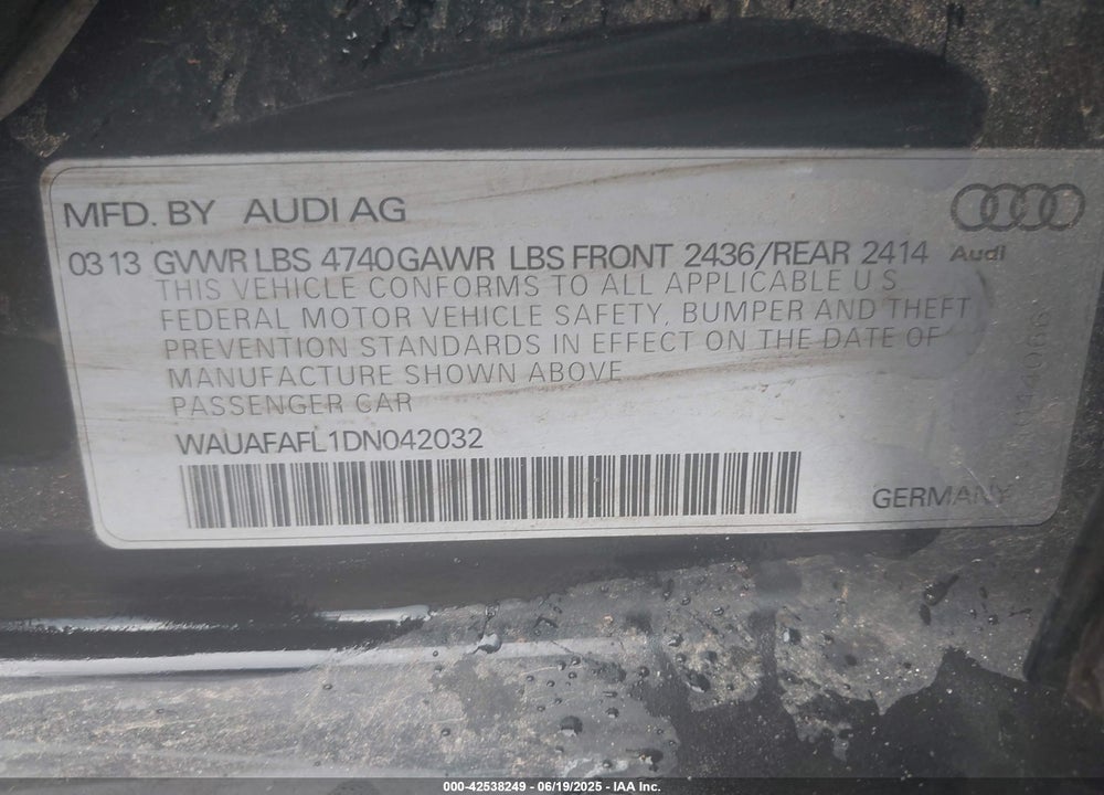 2013 AUDI A4 VIN: WAUAFAFL1DN042032