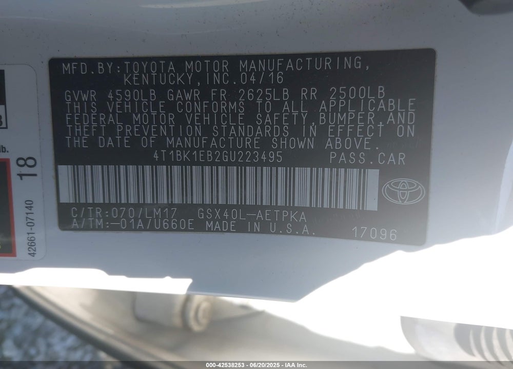 2016 TOYOTA AVALON VIN: 4T1BK1EB2GU223495