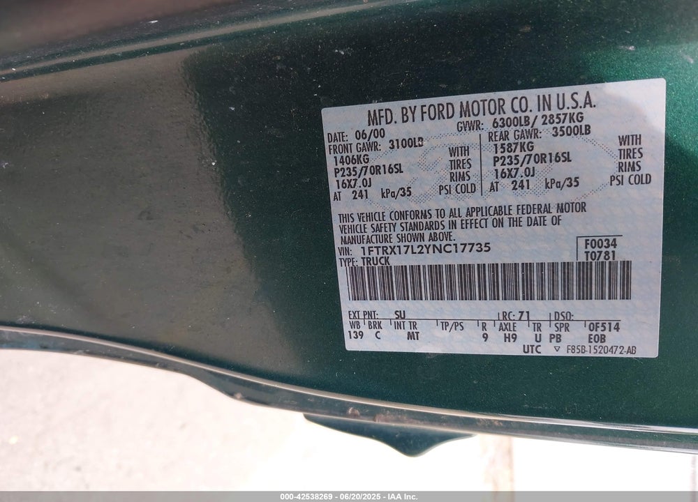 2000 FORD F-150 LARIAT/WORK SERIES/XL/XLT VIN: 1FTRX17L2YNC17735