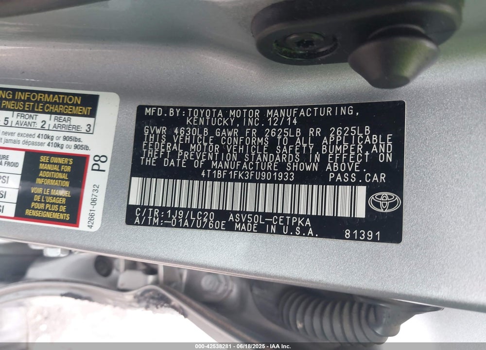 2015 TOYOTA CAMRY VIN: 4T1BF1FK3FU901933
