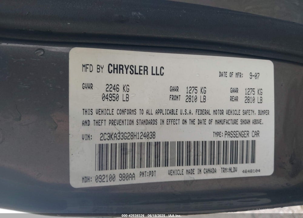 2008 CHRYSLER 300 LIMITED VIN: 2C3KA33G28H124038