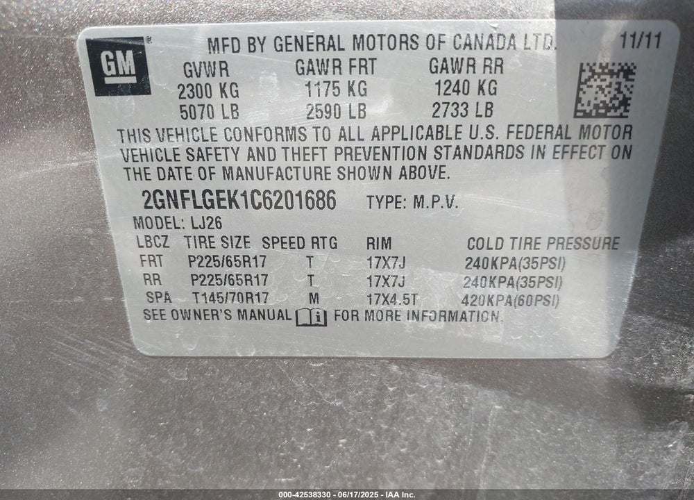 2012 CHEVROLET EQUINOX LTZ VIN: 2GNFLGEK1C6201686