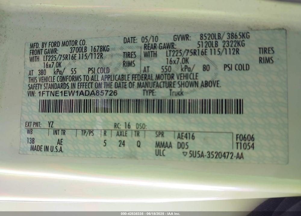 2010 FORD E-150 COMMERCIAL/RECREATIONAL VIN: 1FTNE1EW1ADA85726