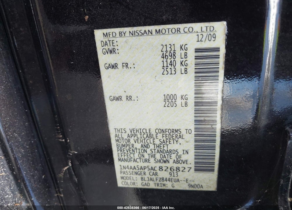 2010 NISSAN MAXIMA 3.5 SV VIN: 1N4AA5AP5AC826827