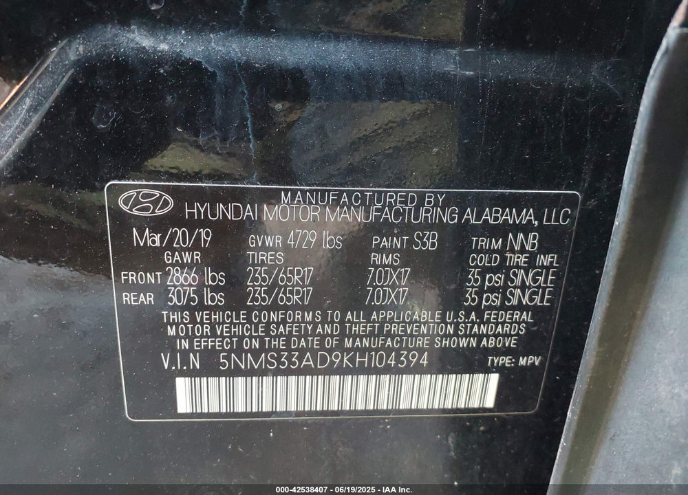 2019 HYUNDAI SANTA FE VIN: 5NMS33AD9KH104394