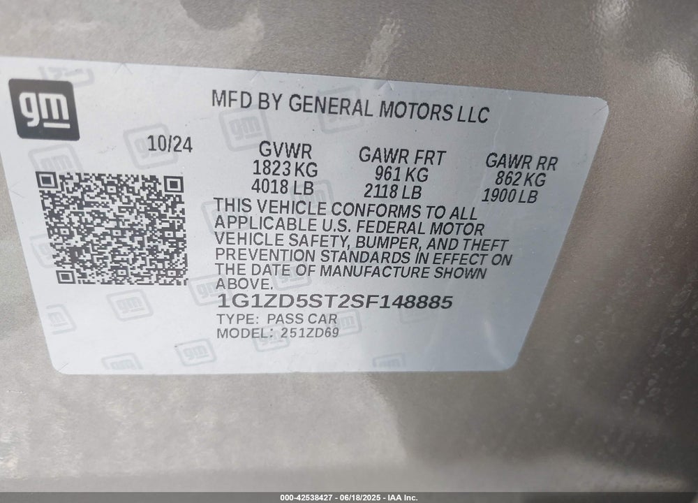 2025 CHEVROLET MALIBU VIN: 1G1ZD5ST2SF148885