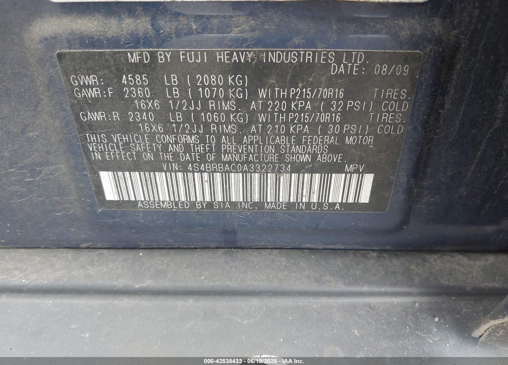 2010 SUBARU OUTBACK VIN: 4S4BRBAC0A3322734