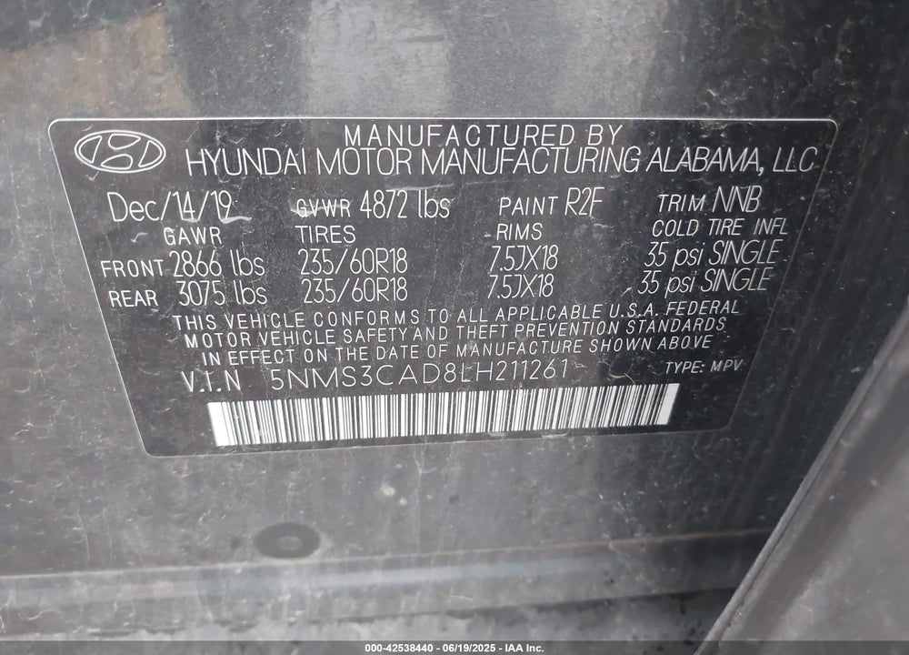 2020 HYUNDAI SANTA FE VIN: 5NMS3CAD8LH211261