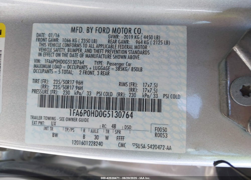 2016 FORD FUSION VIN: 1FA6P0HD0G5130764