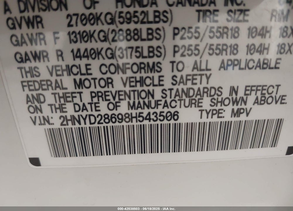 2008 ACURA MDX VIN: 2HNYD28698H543506