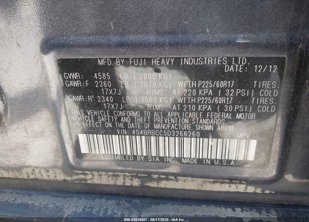 2013 SUBARU OUTBACK VIN: 4S4BRBCC5D3266260