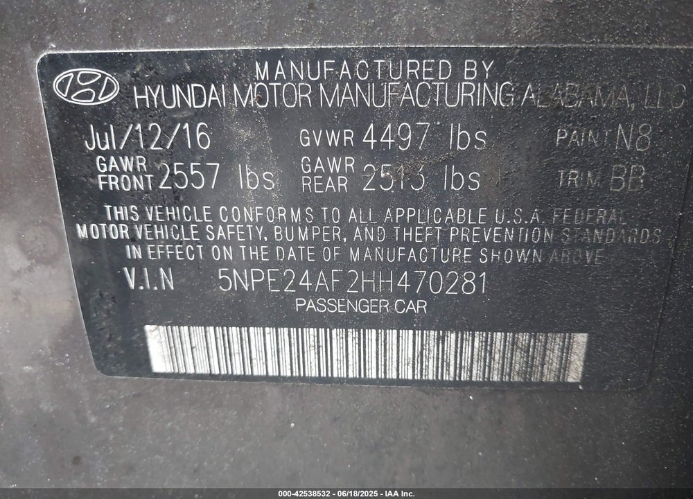 2017 HYUNDAI SONATA SE VIN: 5NPE24AF2HH470281
