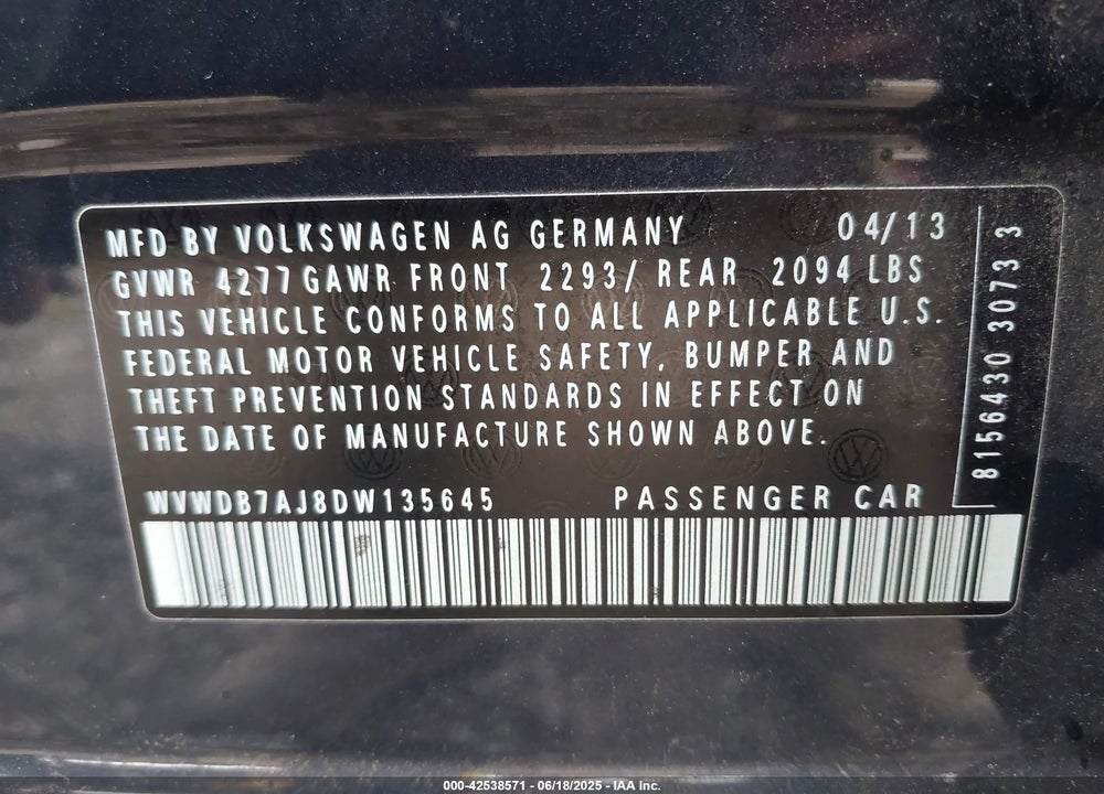 2013 VOLKSWAGEN GOLF VIN: WVWDB7AJ8DW135645