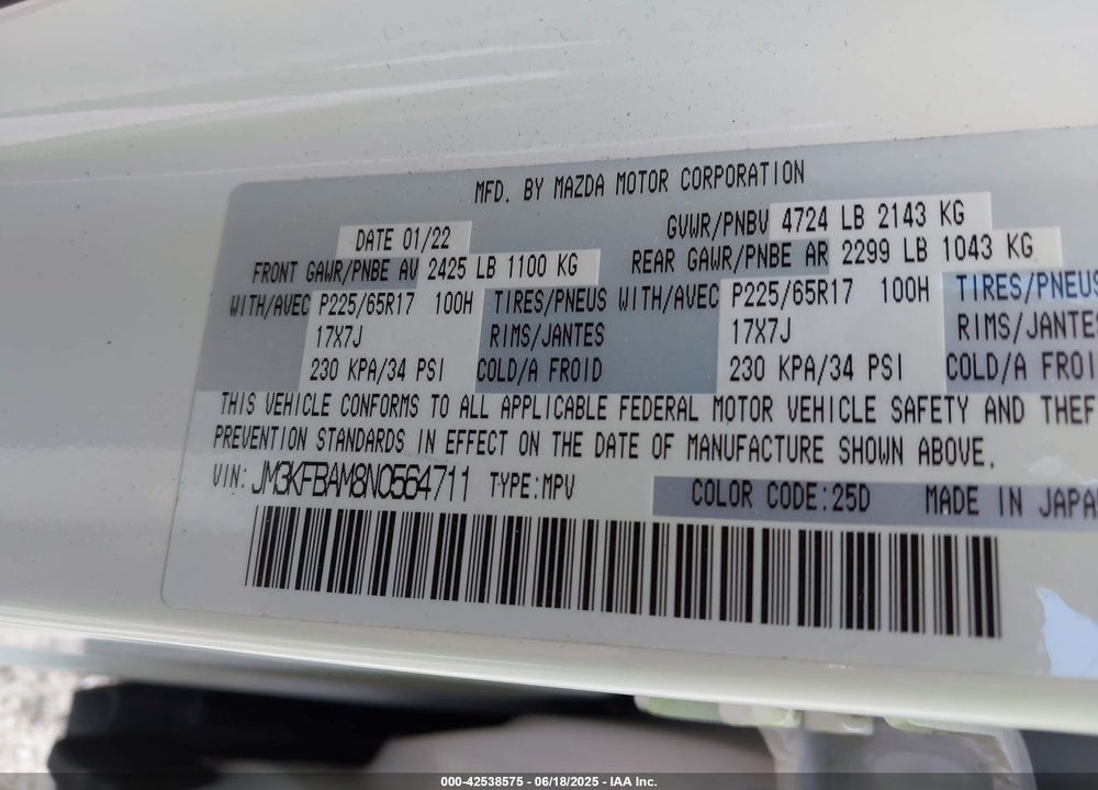 2022 MAZDA CX-5 VIN: JM3KFBAM8N0564711