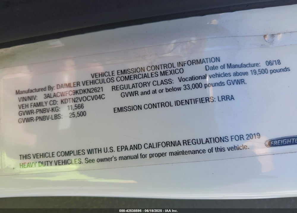 2019 FREIGHTLINER M2 106 VIN: 3ALACWFC9KDKN2621