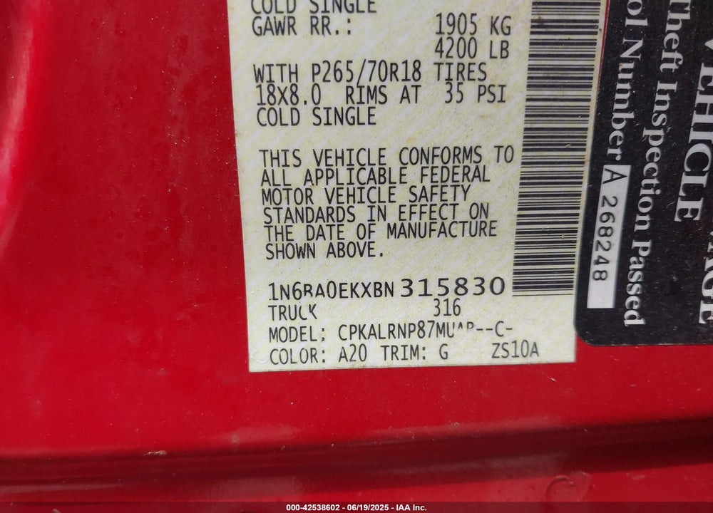 2011 NISSAN TITAN S VIN: 1N6BA0EKXBN315830