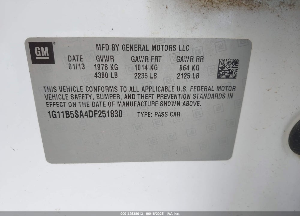 2013 CHEVROLET MALIBU VIN: 1G11B5SA4DF251830