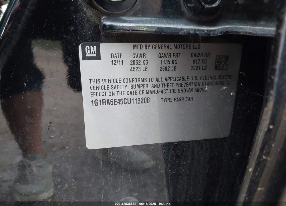 2012 CHEVROLET VOLT VIN: 1G1RA6E45CU113208