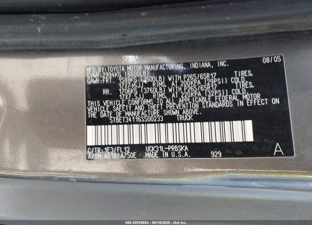 2006 TOYOTA TUNDRA VIN: 5TBET34116S500233