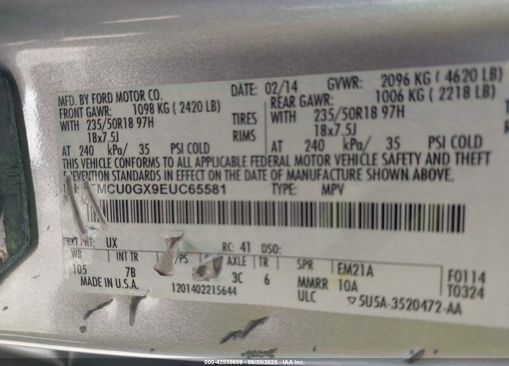 2014 FORD ESCAPE VIN: 1FMCU0GX9EUC65581