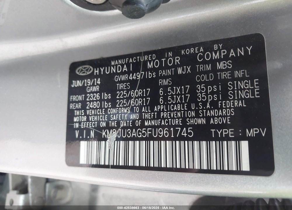 2015 HYUNDAI TUCSON VIN: KM8JU3AG5FU961745