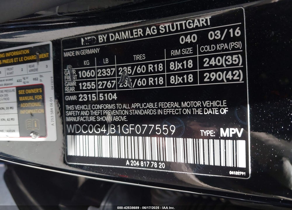 2016 MERCEDES-BENZ GLC 300 VIN: WDC0G4JB1GF077559