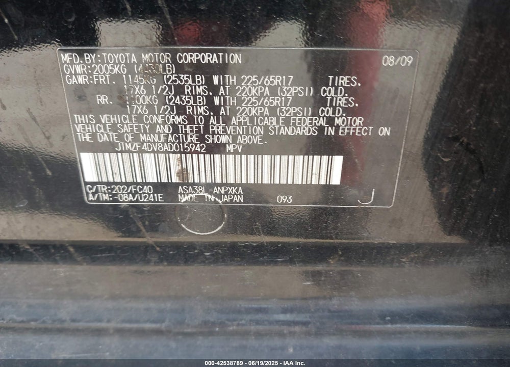 2010 TOYOTA RAV4 VIN: JTMZF4DV8AD015942