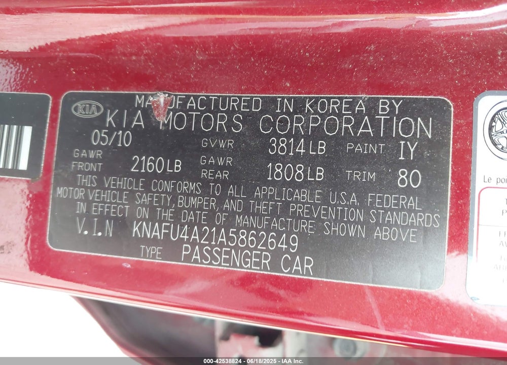 2010 KIA FORTE VIN: KNAFU4A21A5862649