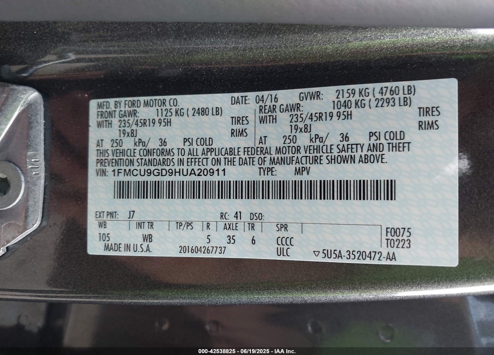 2017 FORD ESCAPE VIN: 1FMCU9GD9HUA20911