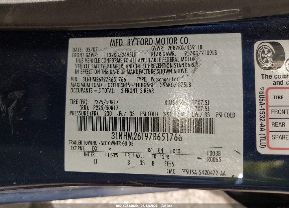 2007 LINCOLN MKZ VIN: 3LNHM26T97R651766