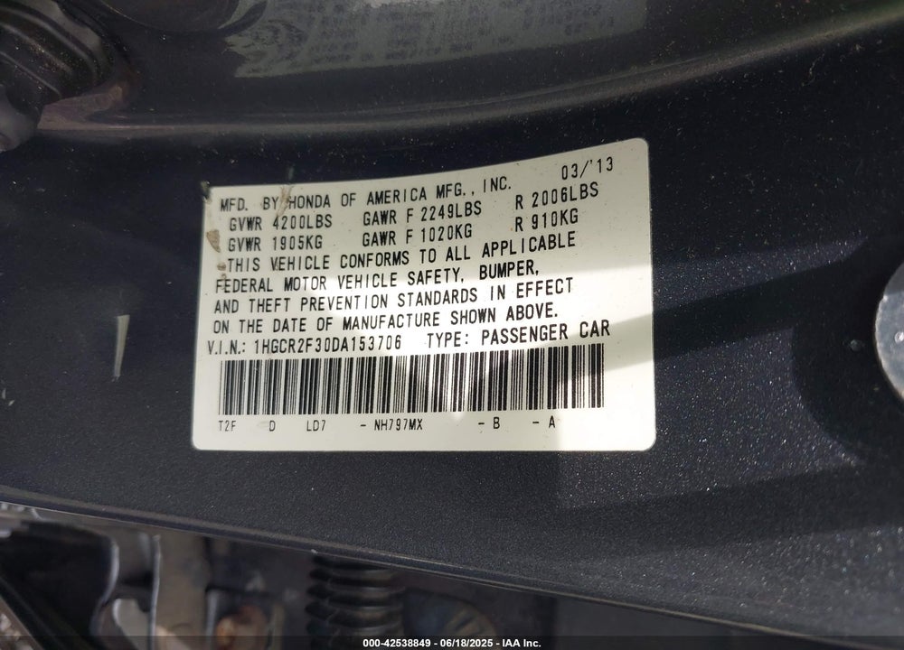 2013 HONDA ACCORD VIN: 1HGCR2F30DA153706