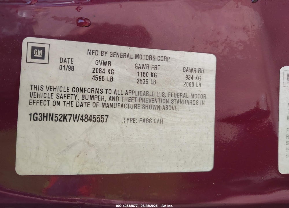 1998 OLDSMOBILE EIGHTY-EIGHT LS VIN: 1G3HN52K7W4845557
