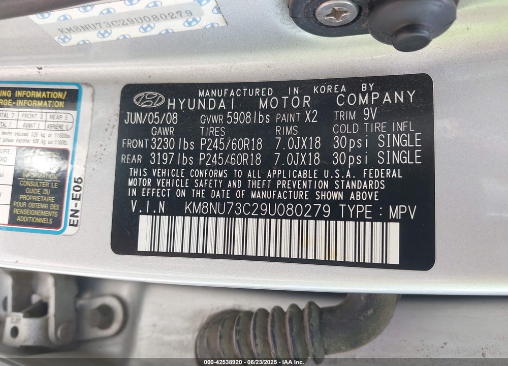 2009 HYUNDAI VERACRUZ GLS VIN: KM8NU73C29U080279